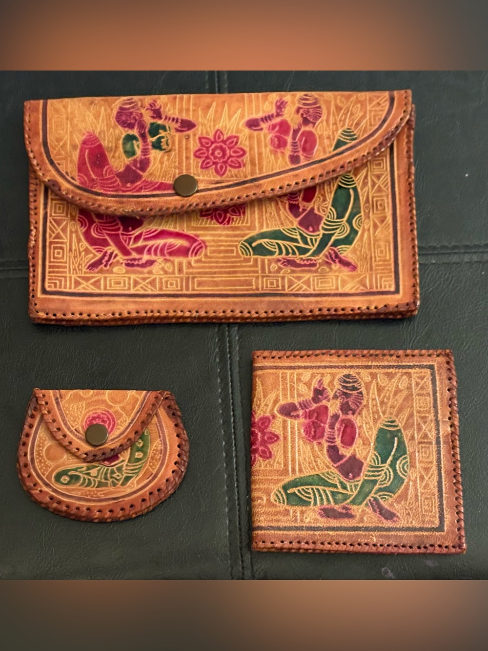 Vintage Handcrafted Shantiniketan Leather Envelope Clutch Purse Set